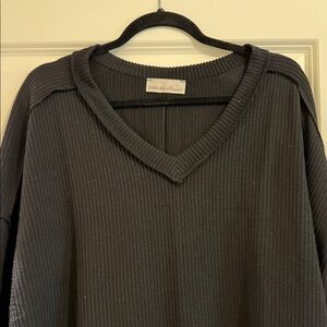 Zenana Raised Rib Black V-Neck Knit Pullover